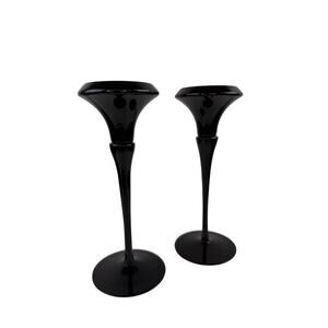 Vintage 1985 Oneida Jet Black Lead Crystal 9.5" Candlestick Holders Korea RARE